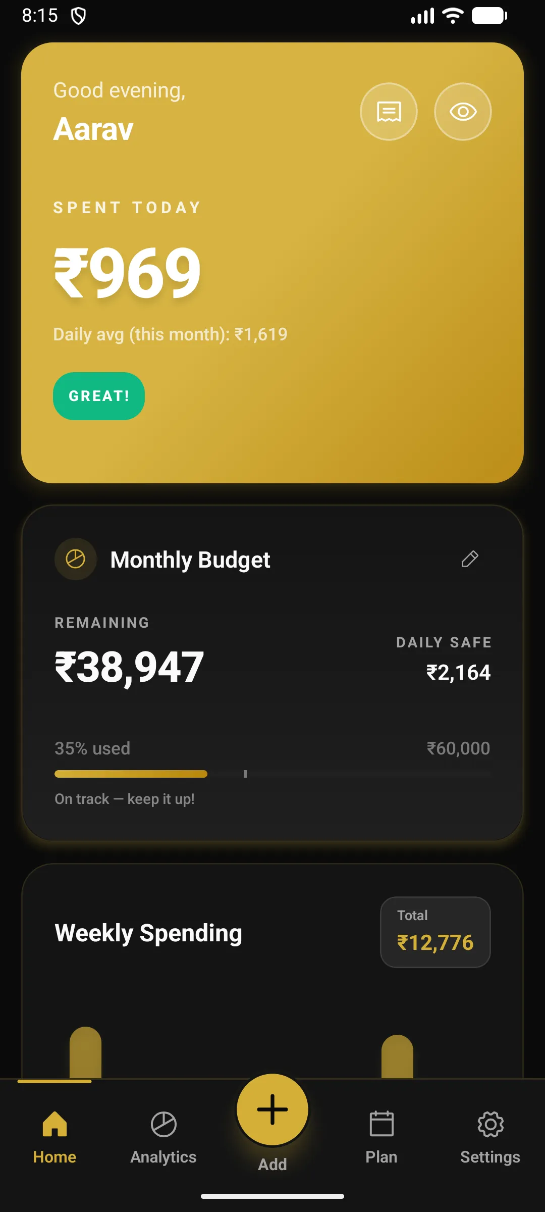 Alkemi home screen showing daily spending of 969 rupees and monthly budget