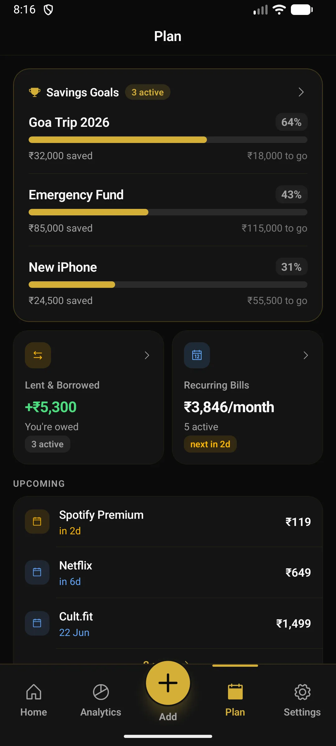 Alkemi plan screen showing savings goals and upcoming subscriptions
